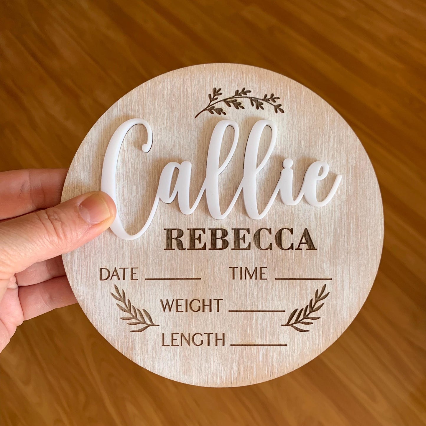 Boho Baby Name & Birth Stats Sign – Custom Whitewashed Wood Announcement