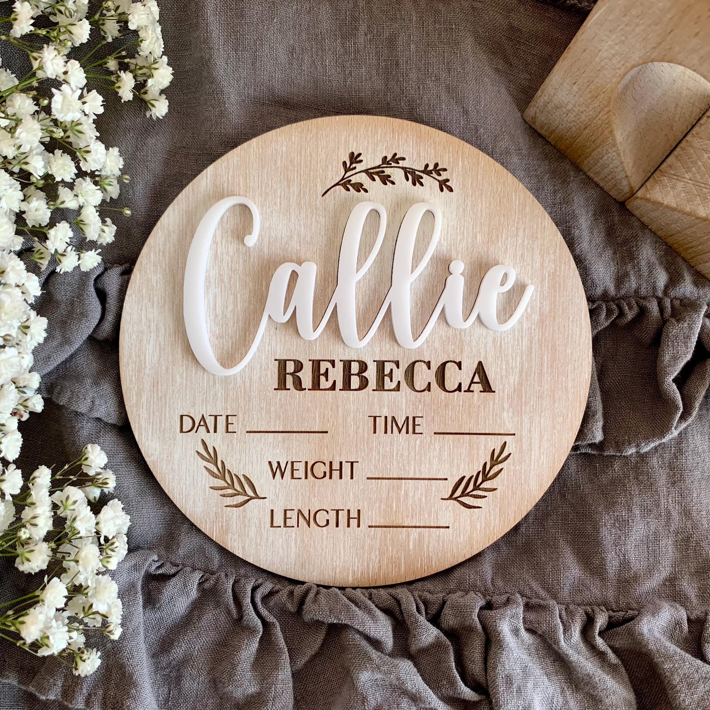 Boho Baby Name & Birth Stats Sign – Custom Whitewashed Wood Announcement