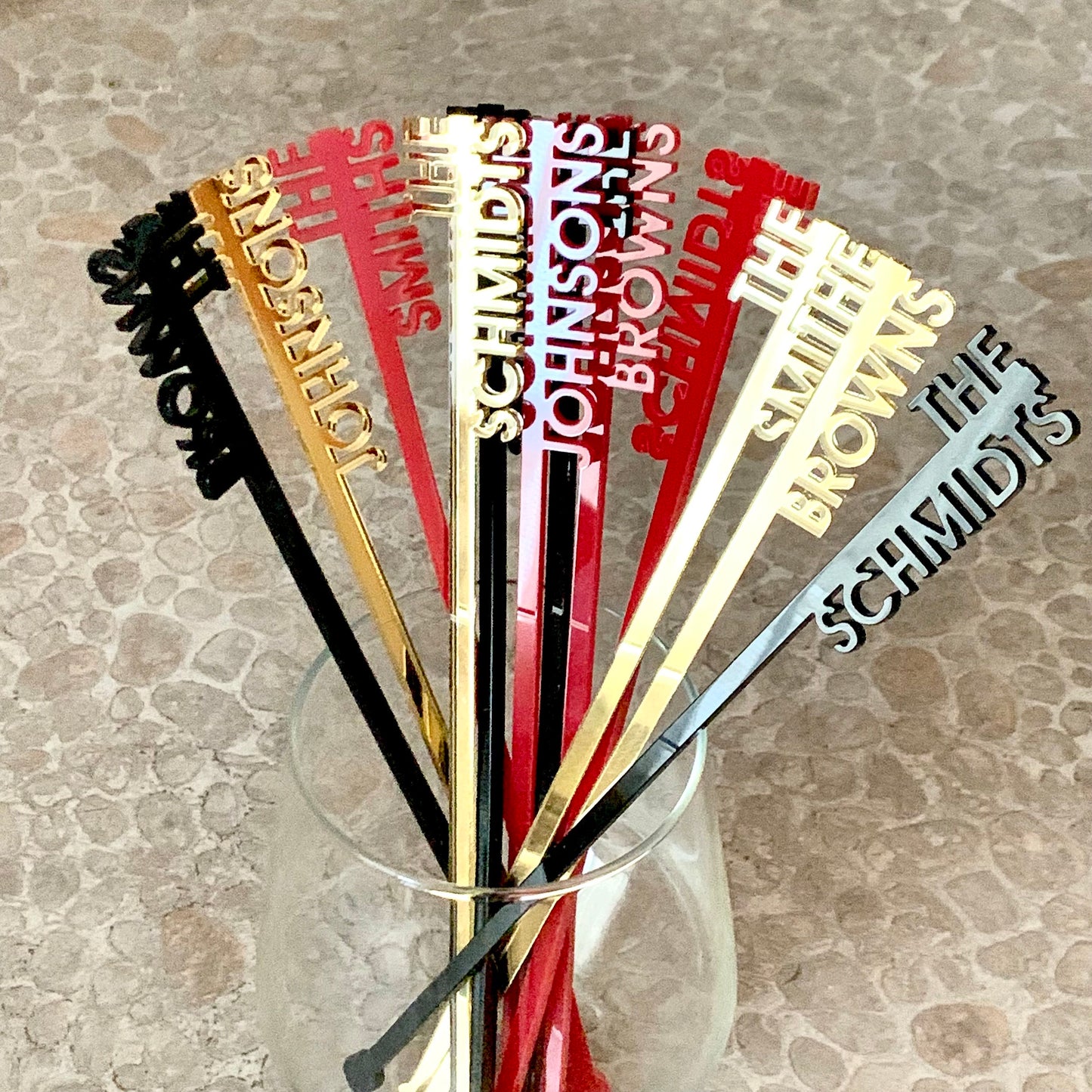 Custom Family Name Drink Stirrers – Personalized Acrylic, Wood, or Stainless Steel Swizzle Sticks