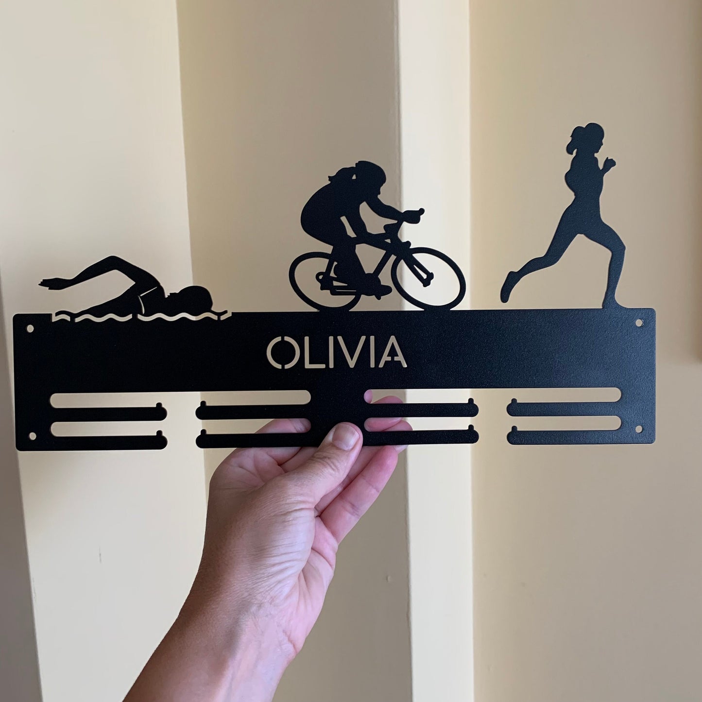 Custom Triathlon Medal & Bib Holder – Personalized Metal Rack with Swim‑Bike‑Run Silhouettes