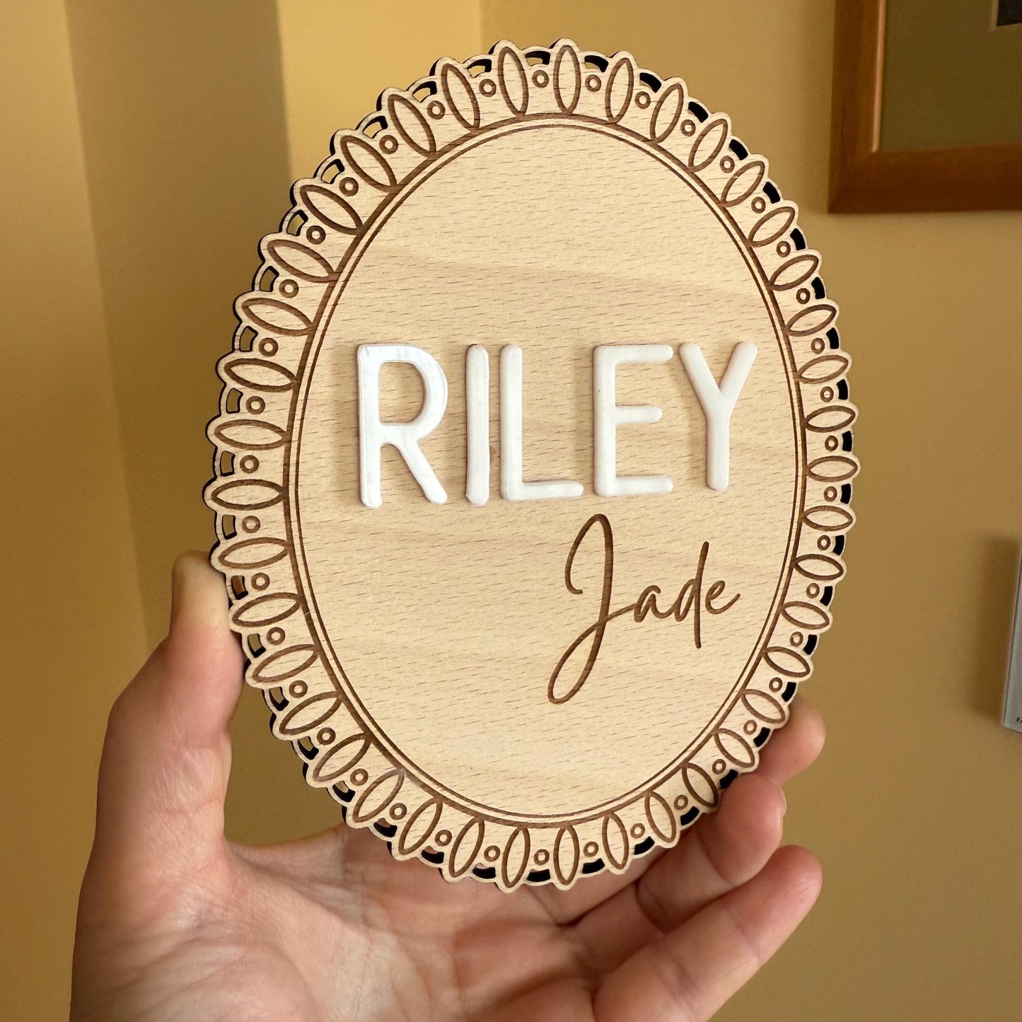 Wooden Lace Baby Name Sign – Personalized 3D Newborn Announcement