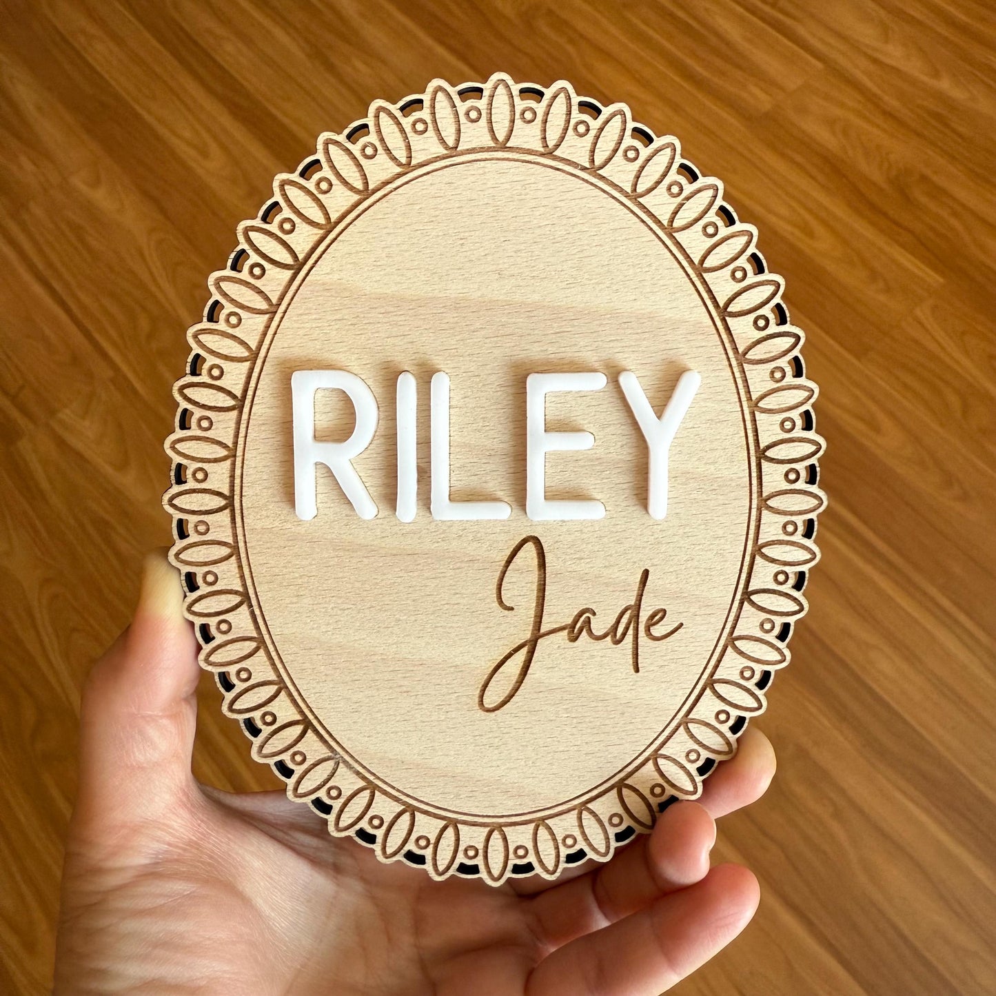 Wooden Lace Baby Name Sign – Personalized 3D Newborn Announcement