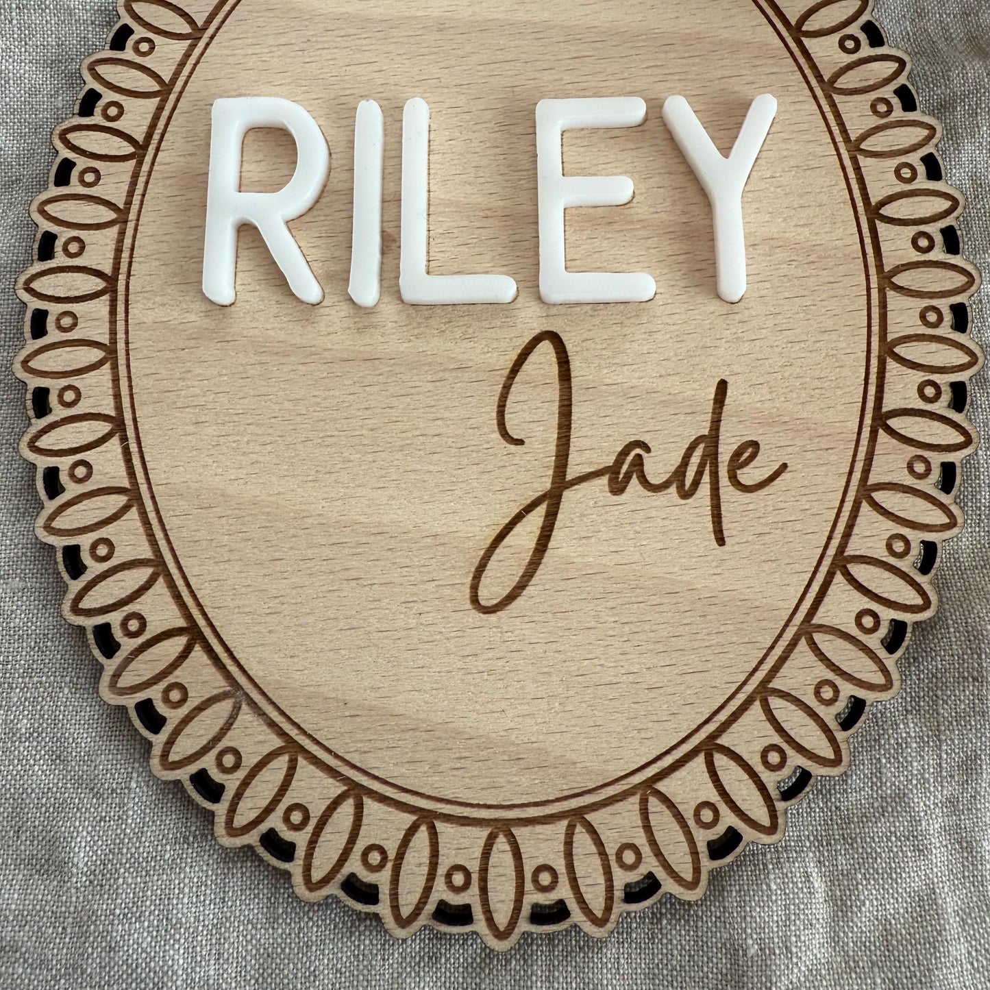 Wooden Lace Baby Name Sign – Personalized 3D Newborn Announcement