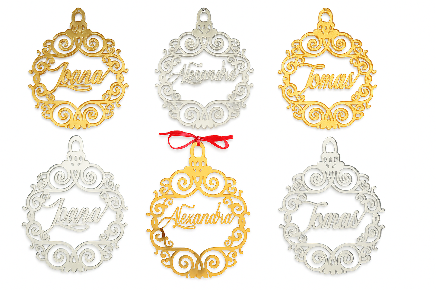 Personalized Name Christmas Ornament – Gold Mirror Acrylic (or Wood) Bauble – Custom Laser-Cut Tree Decoration or Holiday Place Card