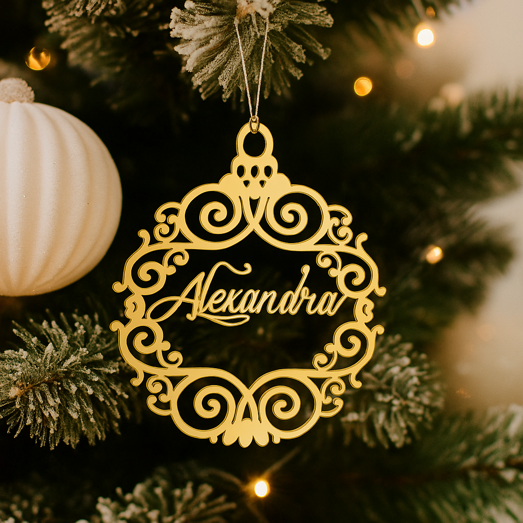 Personalized Name Christmas Ornament – Gold Mirror Acrylic (or Wood) Bauble – Custom Laser-Cut Tree Decoration or Holiday Place Card