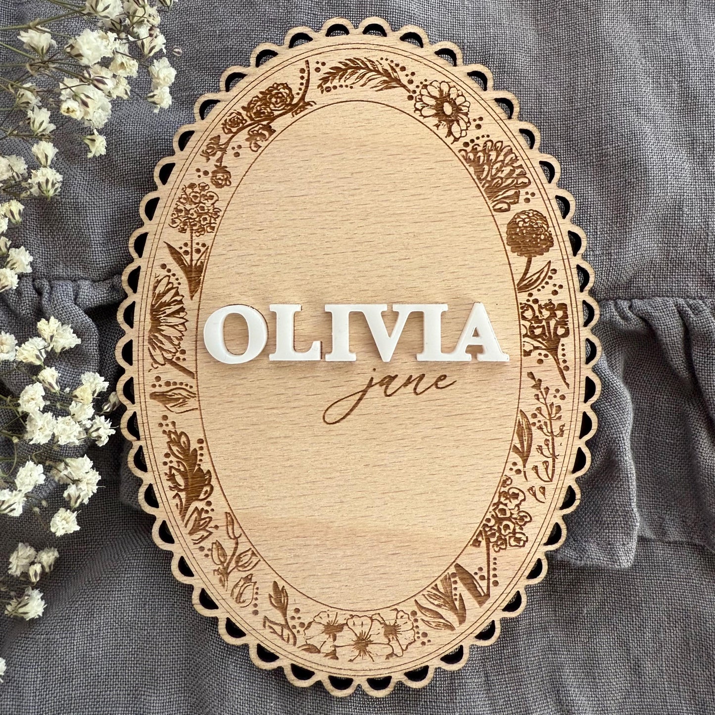 Floral Lace Birth Announcement Sign – Personalized Wooden Baby Name Plaque