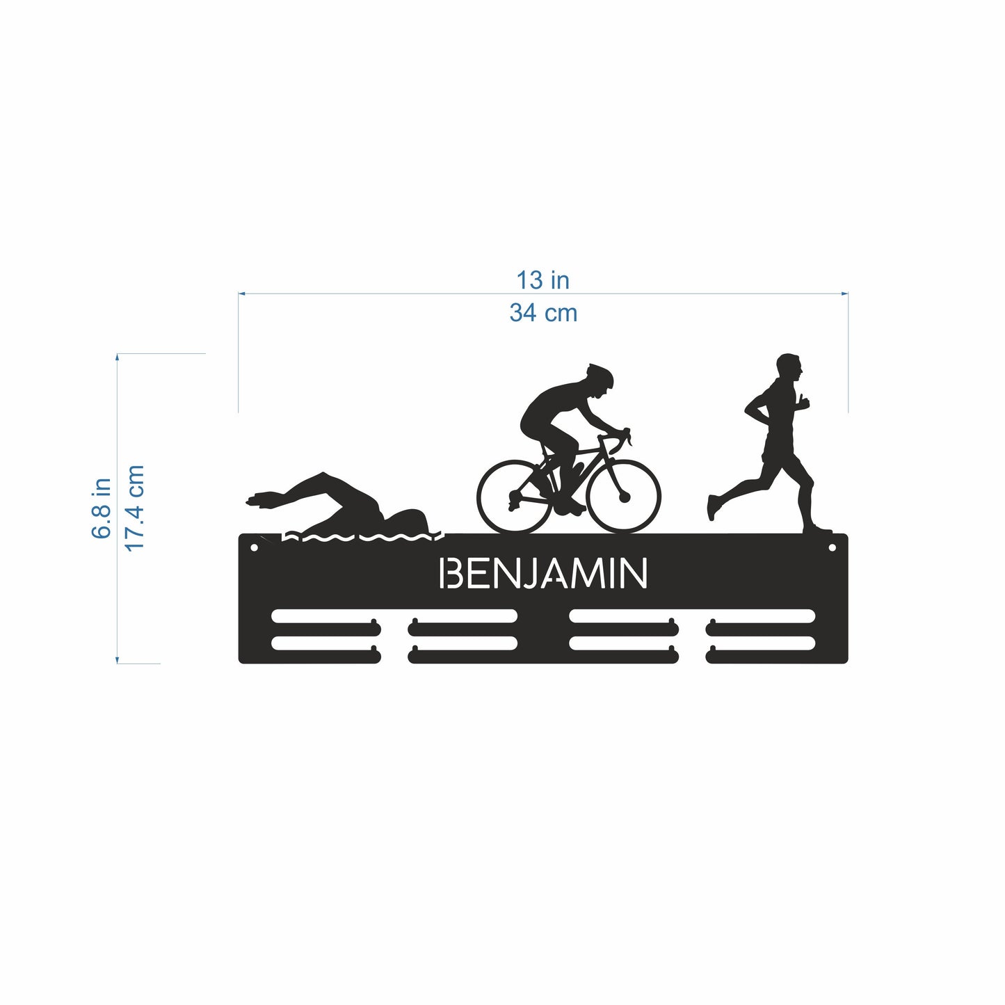 Custom Triathlon Medal & Bib Holder – Personalized Metal Rack with Swim‑Bike‑Run Silhouettes