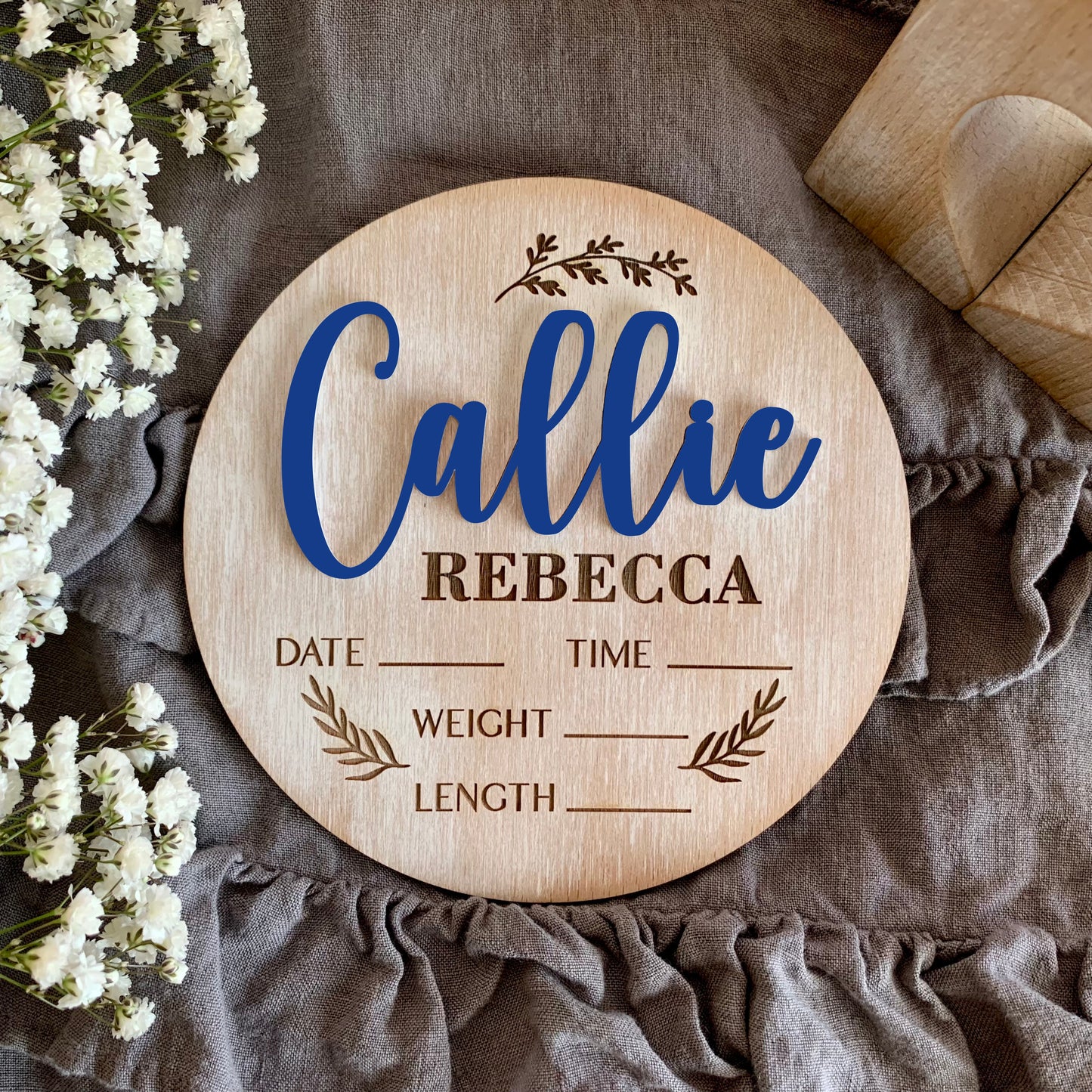 Boho Baby Name & Birth Stats Sign – Custom Whitewashed Wood Announcement