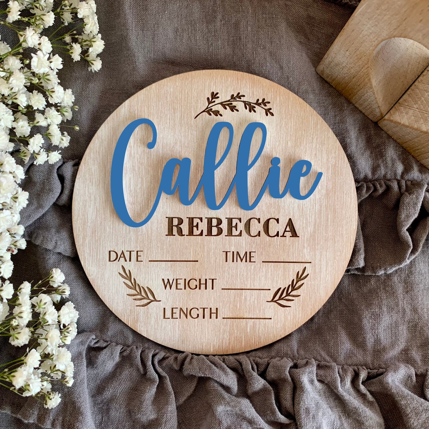 Boho Baby Name & Birth Stats Sign – Custom Whitewashed Wood Announcement