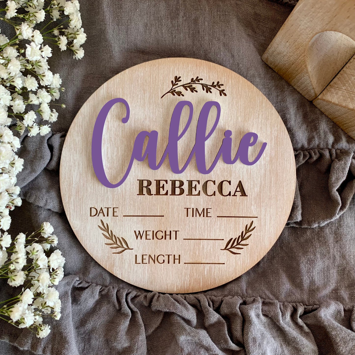 Boho Baby Name & Birth Stats Sign – Custom Whitewashed Wood Announcement