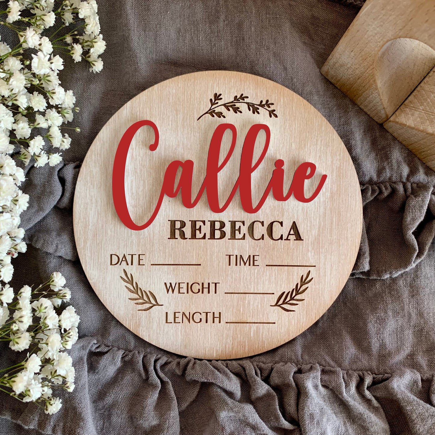 Boho Baby Name & Birth Stats Sign – Custom Whitewashed Wood Announcement