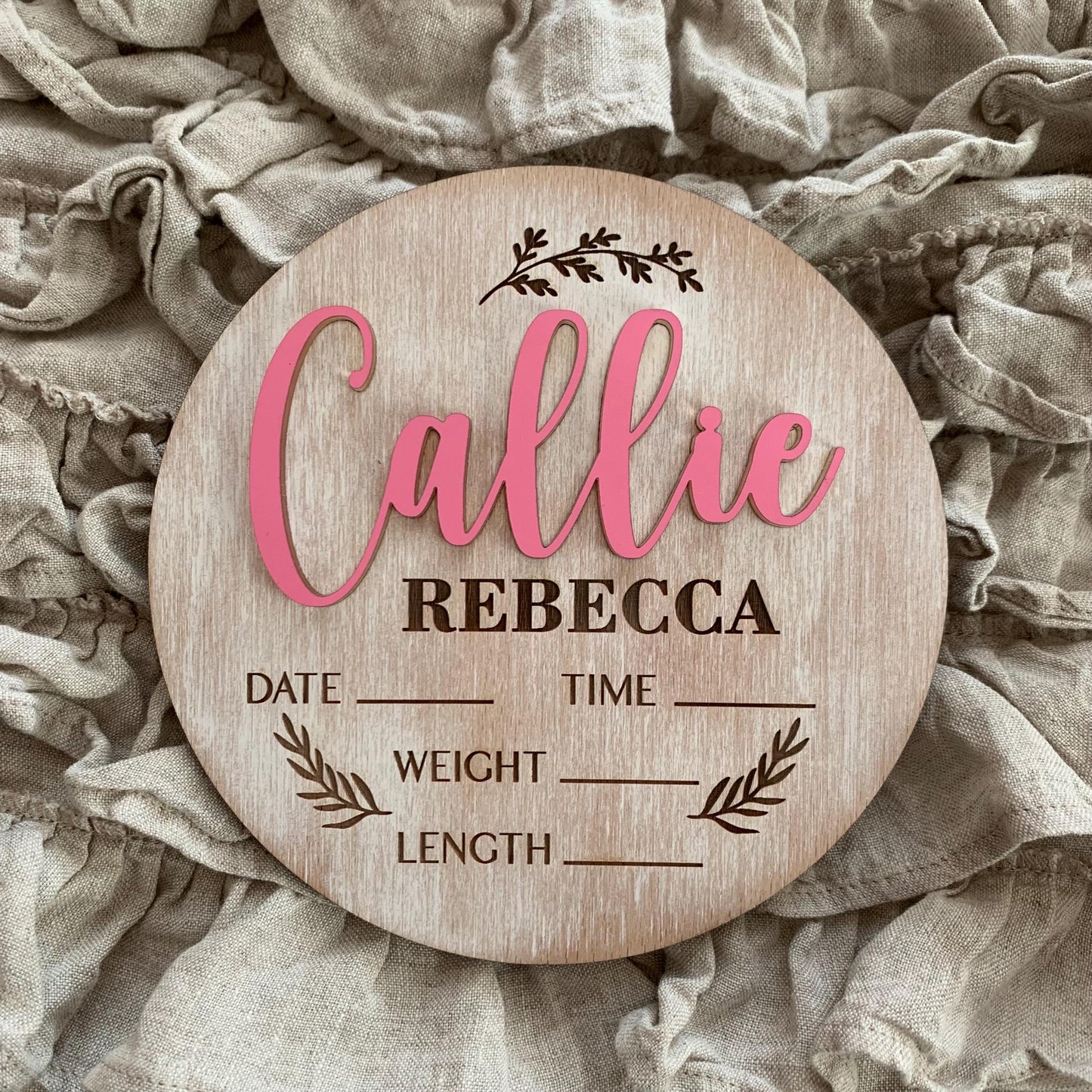 Boho Baby Name & Birth Stats Sign – Custom Whitewashed Wood Announcement