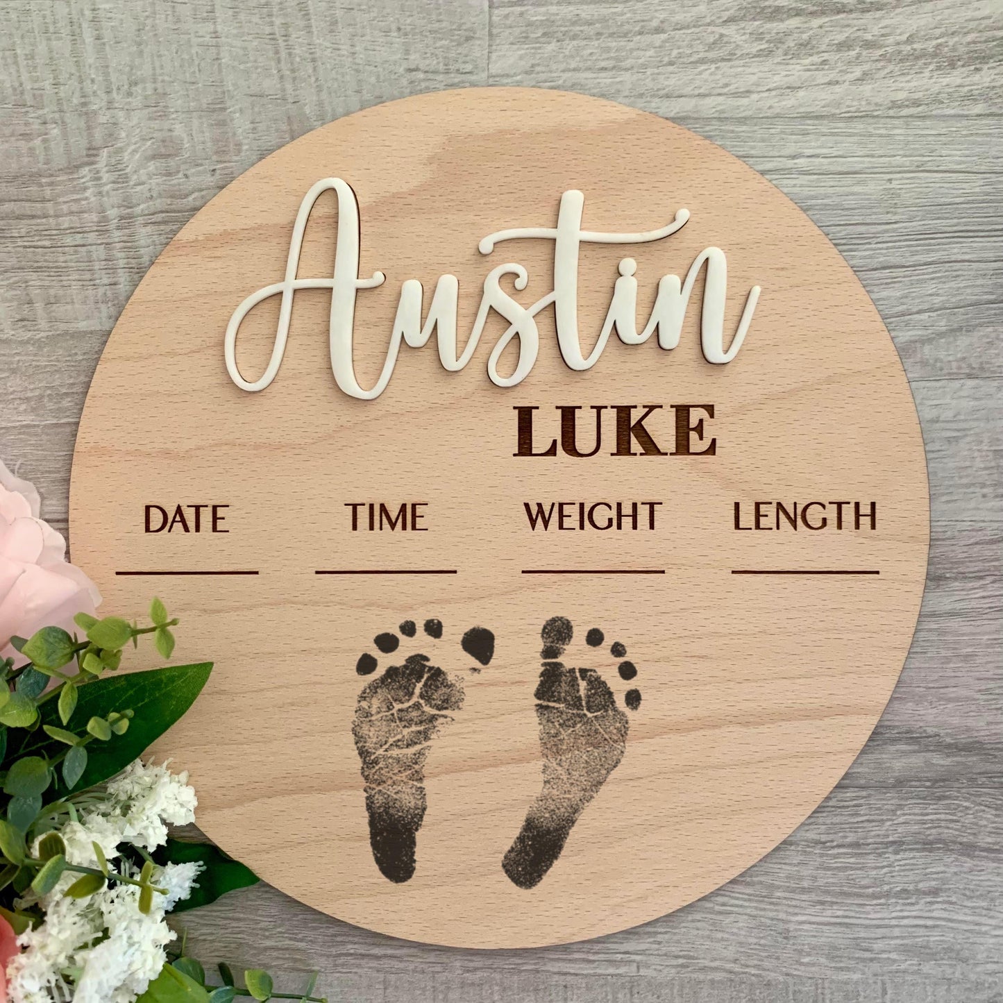 Footprint Birth Announcement Sign – Personalized Wooden Baby Name Keepsake