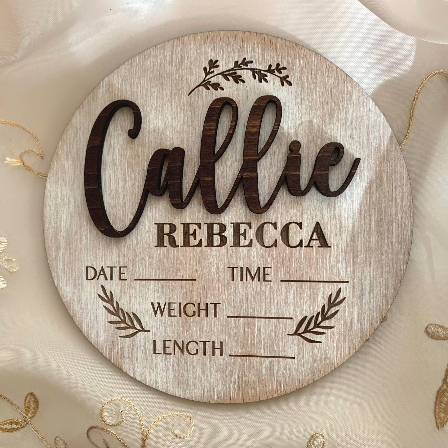 Boho Baby Name & Birth Stats Sign – Custom Whitewashed Wood Announcement