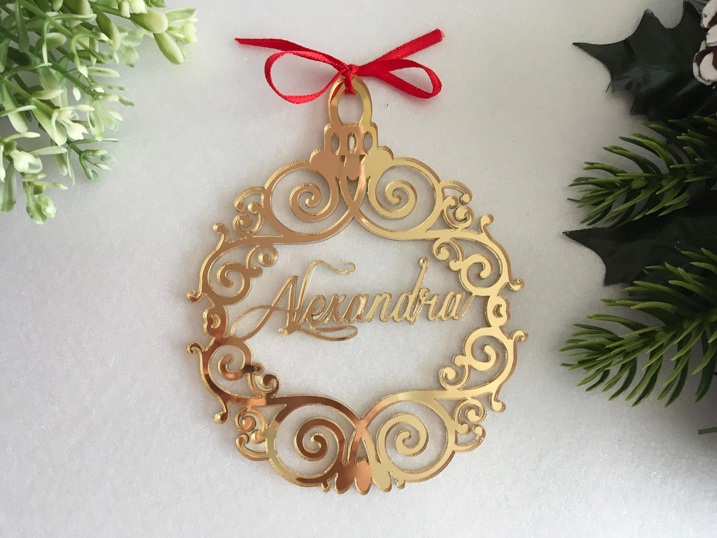 Personalized Name Christmas Ornament – Gold Mirror Acrylic (or Wood) Bauble – Custom Laser-Cut Tree Decoration or Holiday Place Card