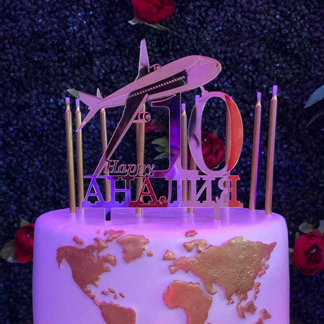 Personalized Airplane Cake Topper – Custom Name & Age – Aviation Birthday Decoration – Laser-Cut Acrylic or Wood