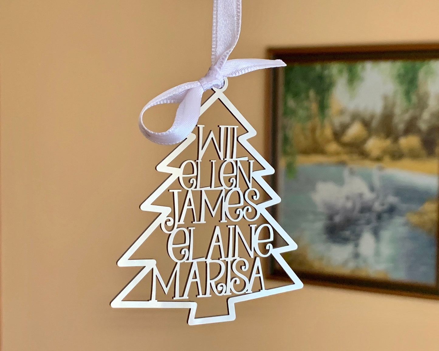 Custom Family Names Christmas Tree Ornament — Stainless Steel (Silver) with Year 2025/2026