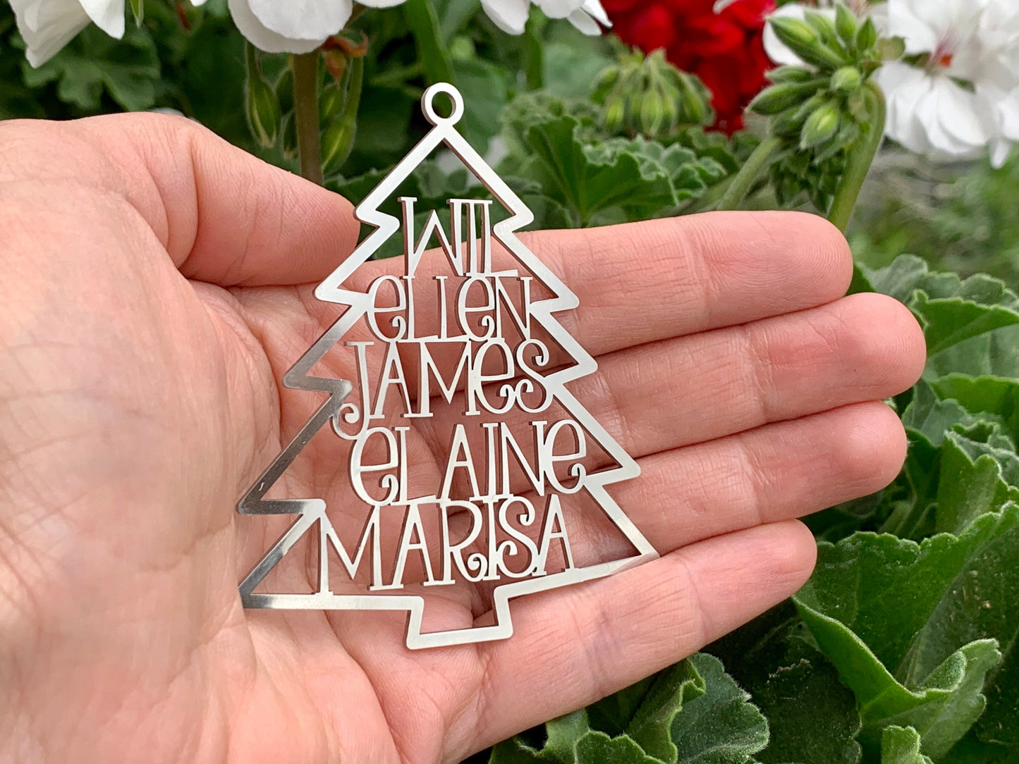Custom Family Names Christmas Tree Ornament — Stainless Steel (Silver) with Year 2025/2026