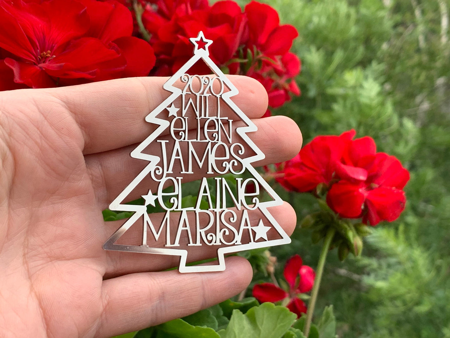 Custom Family Names Christmas Tree Ornament — Stainless Steel (Silver) with Year 2025/2026