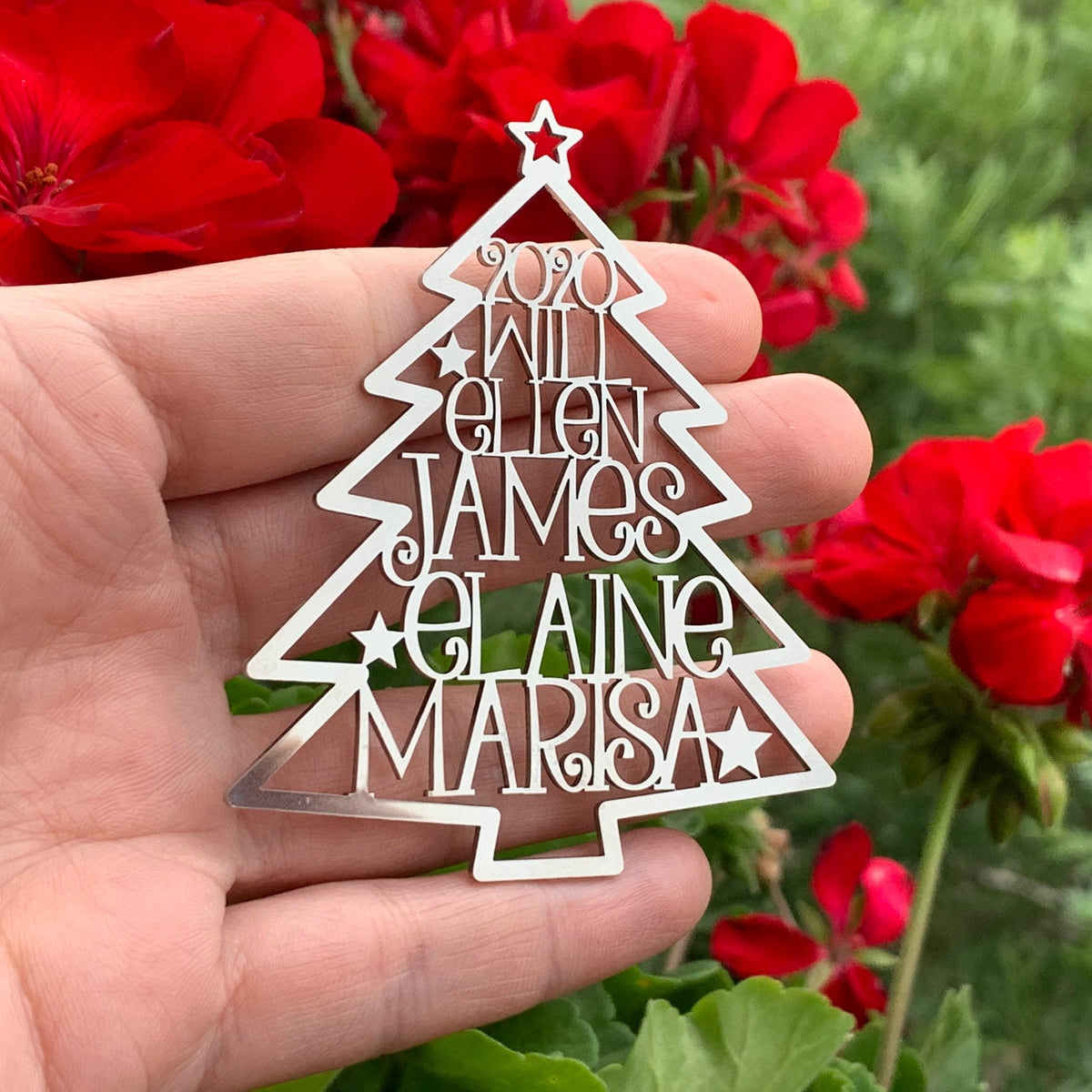 Custom Family Names Christmas Tree Ornament — Stainless Steel | Handmade