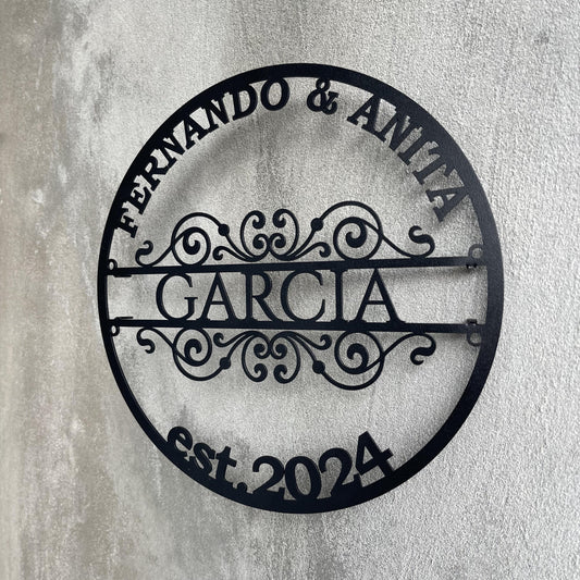Custom Family Name Metal Sign – Personalized Last Name, Couple Names & Established Year – Wedding or Anniversary Gift – Filigree Wall Art Plaque