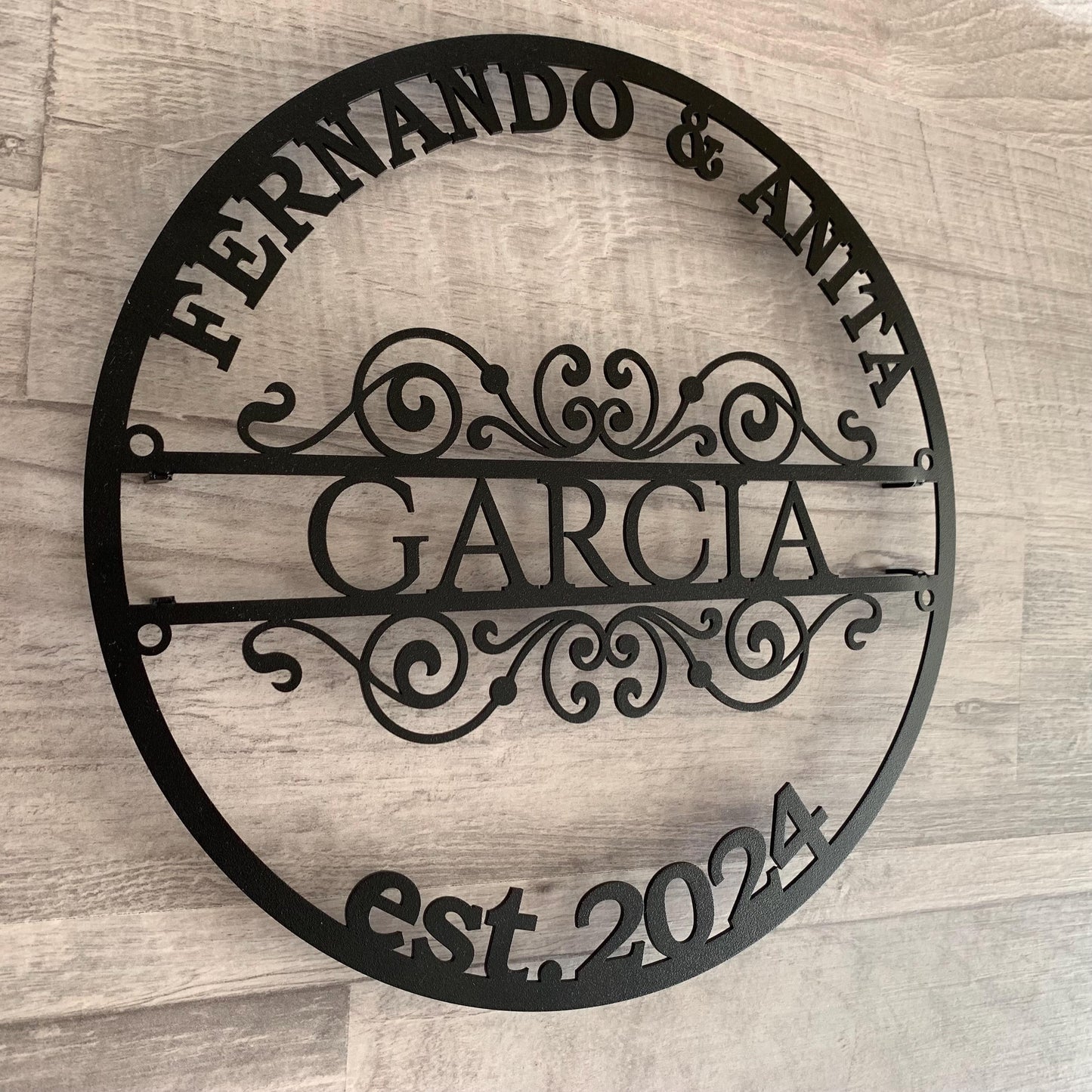 Custom Family Name Metal Sign – Personalized Last Name, Couple Names & Established Year – Wedding or Anniversary Gift – Filigree Wall Art Plaque