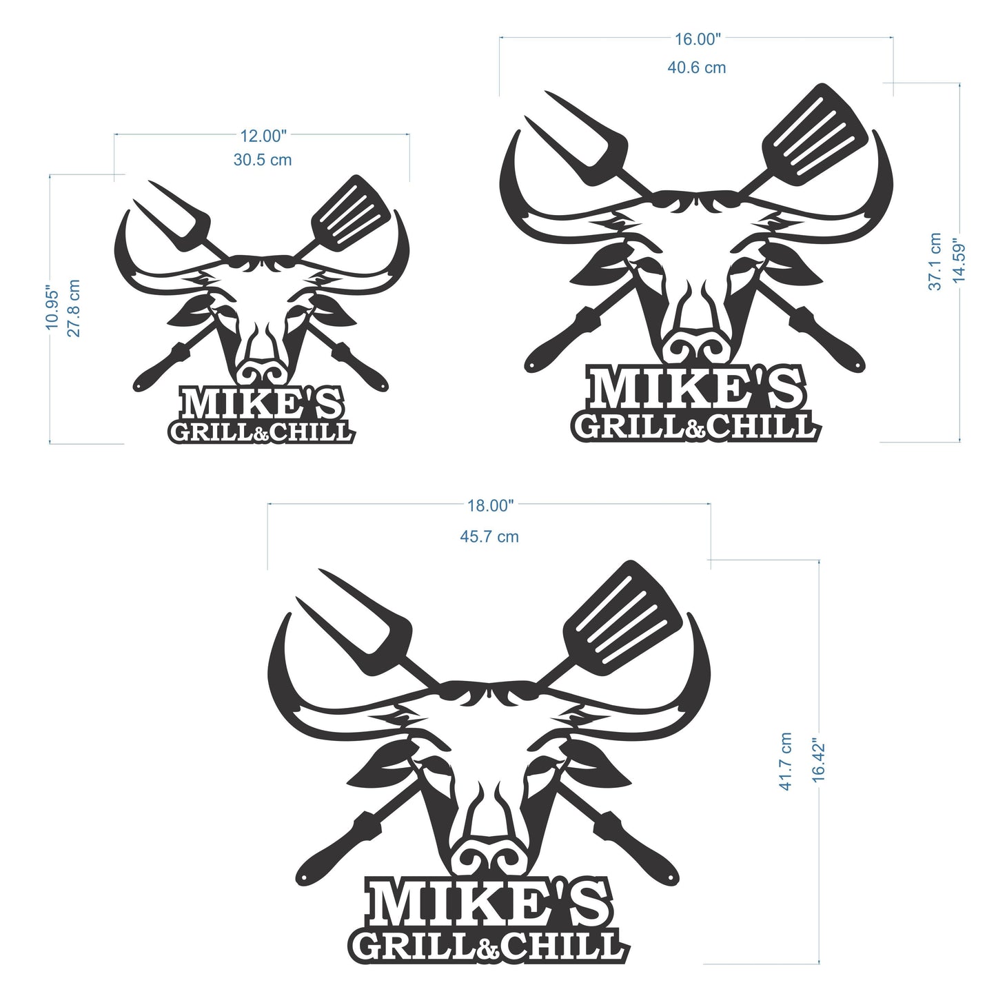Custom Metal BBQ Sign – Personalized Grill & Chill Name Plaque with Bull Head – Outdoor Bar Sign for Dad, Patio, or Man Cave