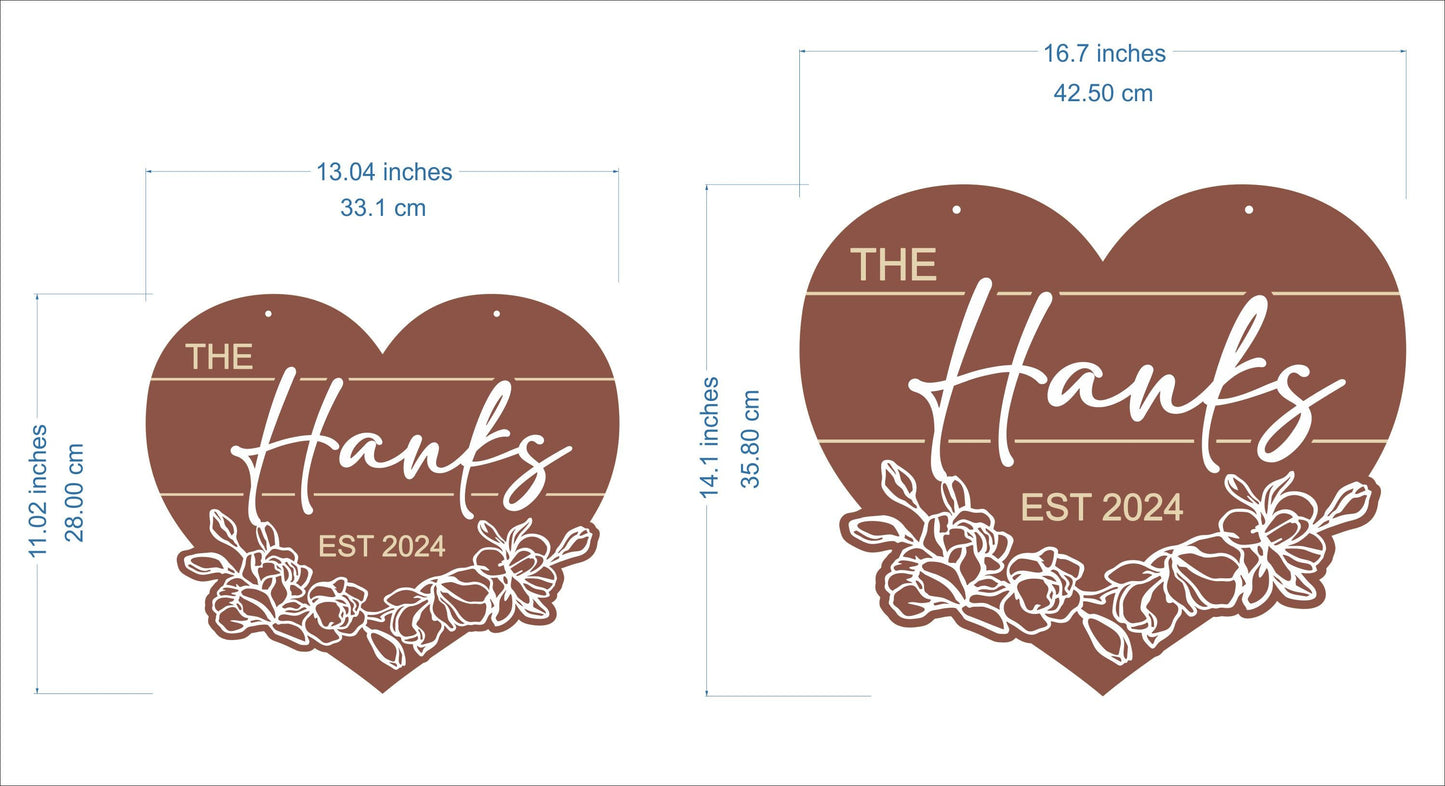 Personalized Heart Name Sign – Custom Wood Sign with Flowers & Wedding Date – Rustic Family Name Wall Decor – Welcome Sign or Gift for Couples