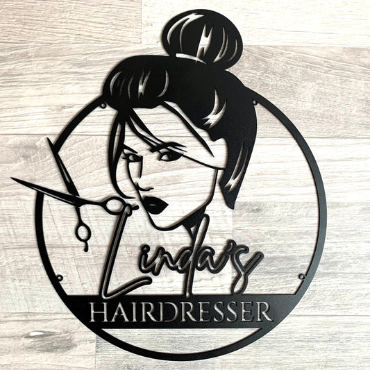 Custom Hairdresser Metal Sign – Personalized Hair Stylist Name Wall Art – Beauty Salon Decor with Woman Face – Gift for Hairstylist or Barber