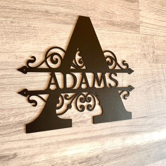 Custom Family Name Metal Sign – Personalized Last Name with Split Letter Monogram – Wreath Initial Front Door Decor – Wedding or Housewarming Gift
