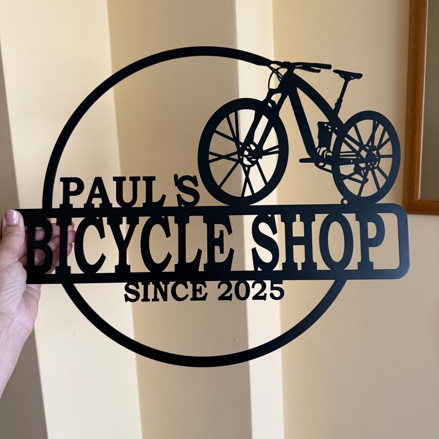 Custom Bicycle Shop Metal Sign – Personalized Name & Established Year – Cyclist Workshop Wall Decor – Handmade Bike Repair Garage Plaque