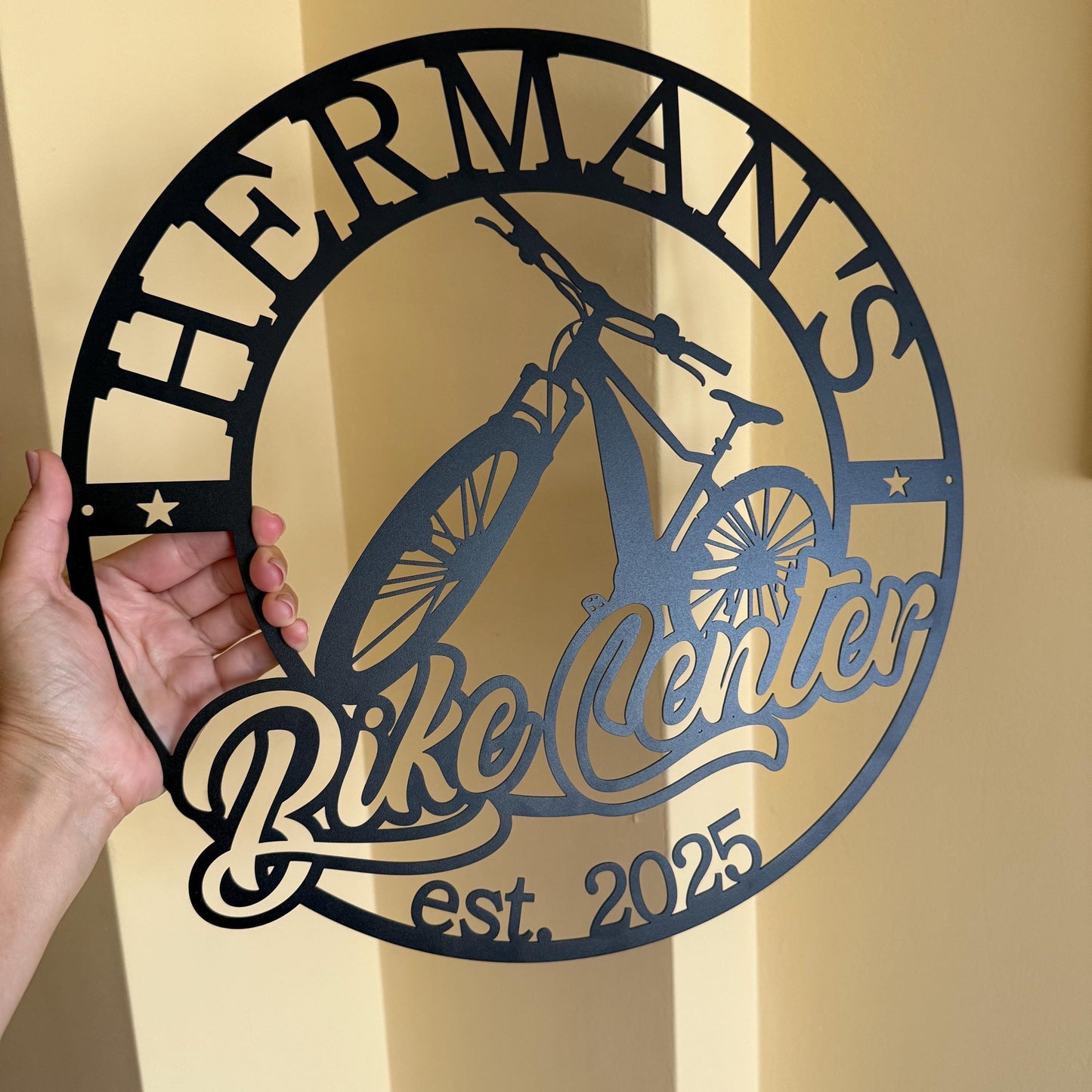 Custom Bike Center Metal Sign – Personalized Bicycle Shop Wall Decor – Garage or Man Cave Bike Repair Sign – Custom Name Metal Plaque