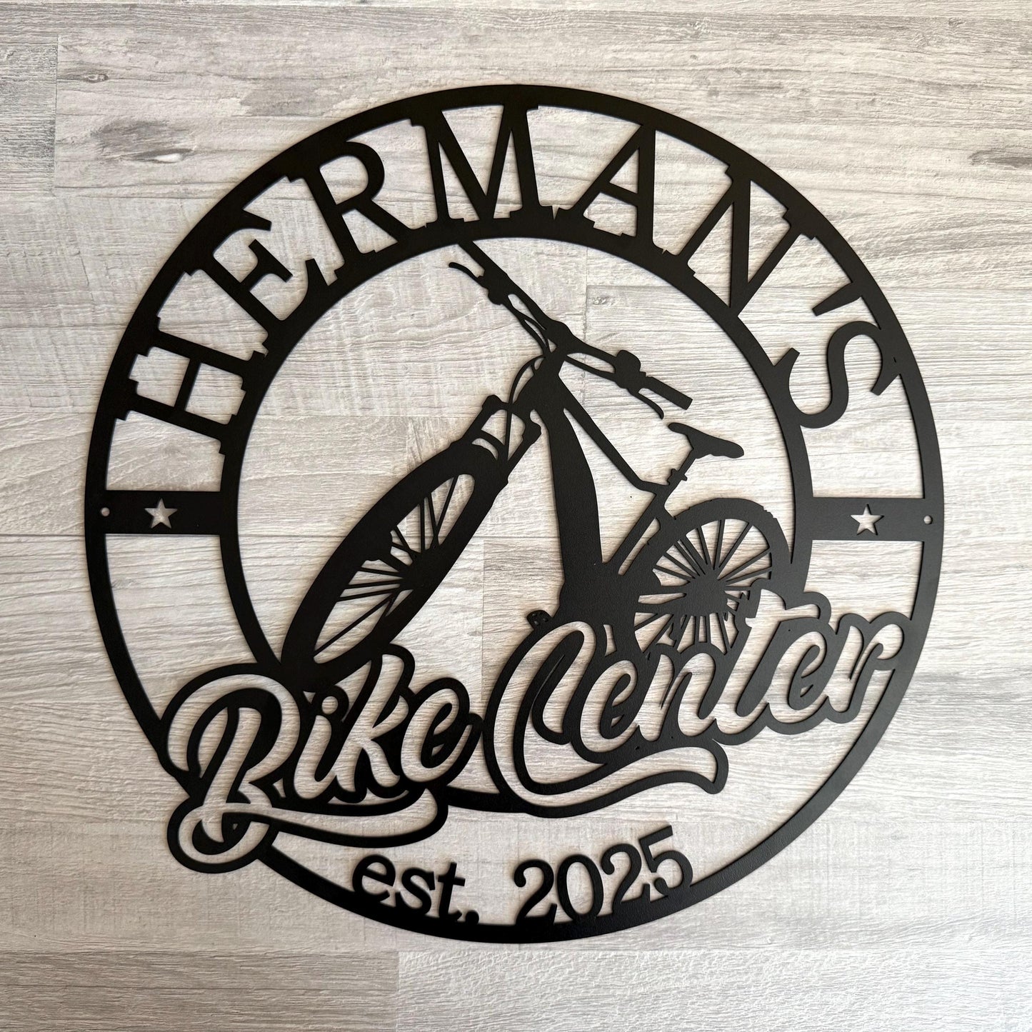 Custom Bike Center Metal Sign – Personalized Bicycle Shop Wall Decor – Garage or Man Cave Bike Repair Sign – Custom Name Metal Plaque