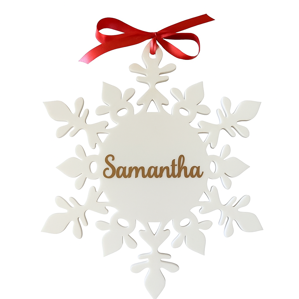 Personalized White Snowflake Ornaments – Custom Name Christmas Tree Decorations – Laser-Cut Acrylic Place Cards & Holiday Table Name Tags