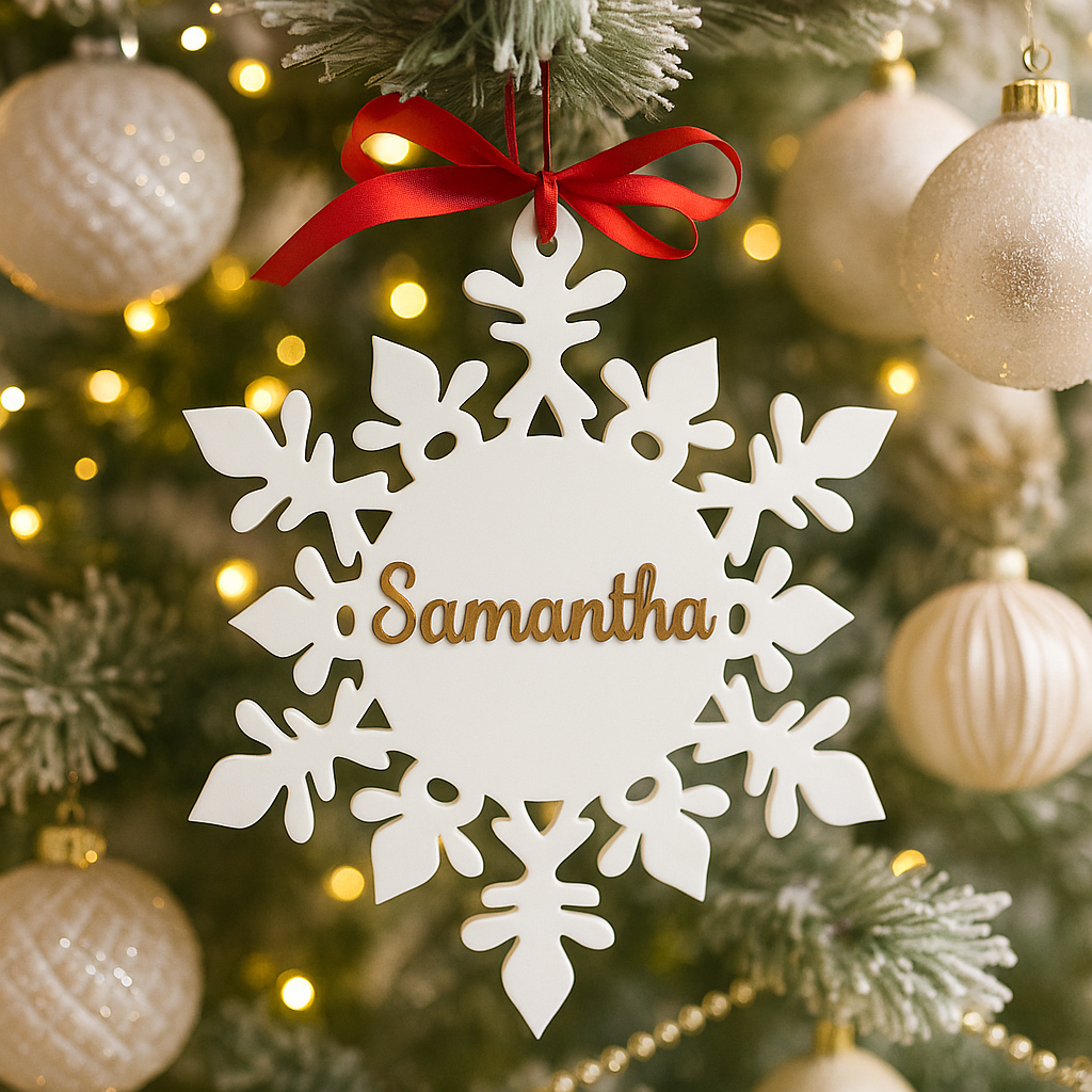 Personalized White Snowflake Ornaments – Custom Name Christmas Tree Decorations – Laser-Cut Acrylic Place Cards & Holiday Table Name Tags