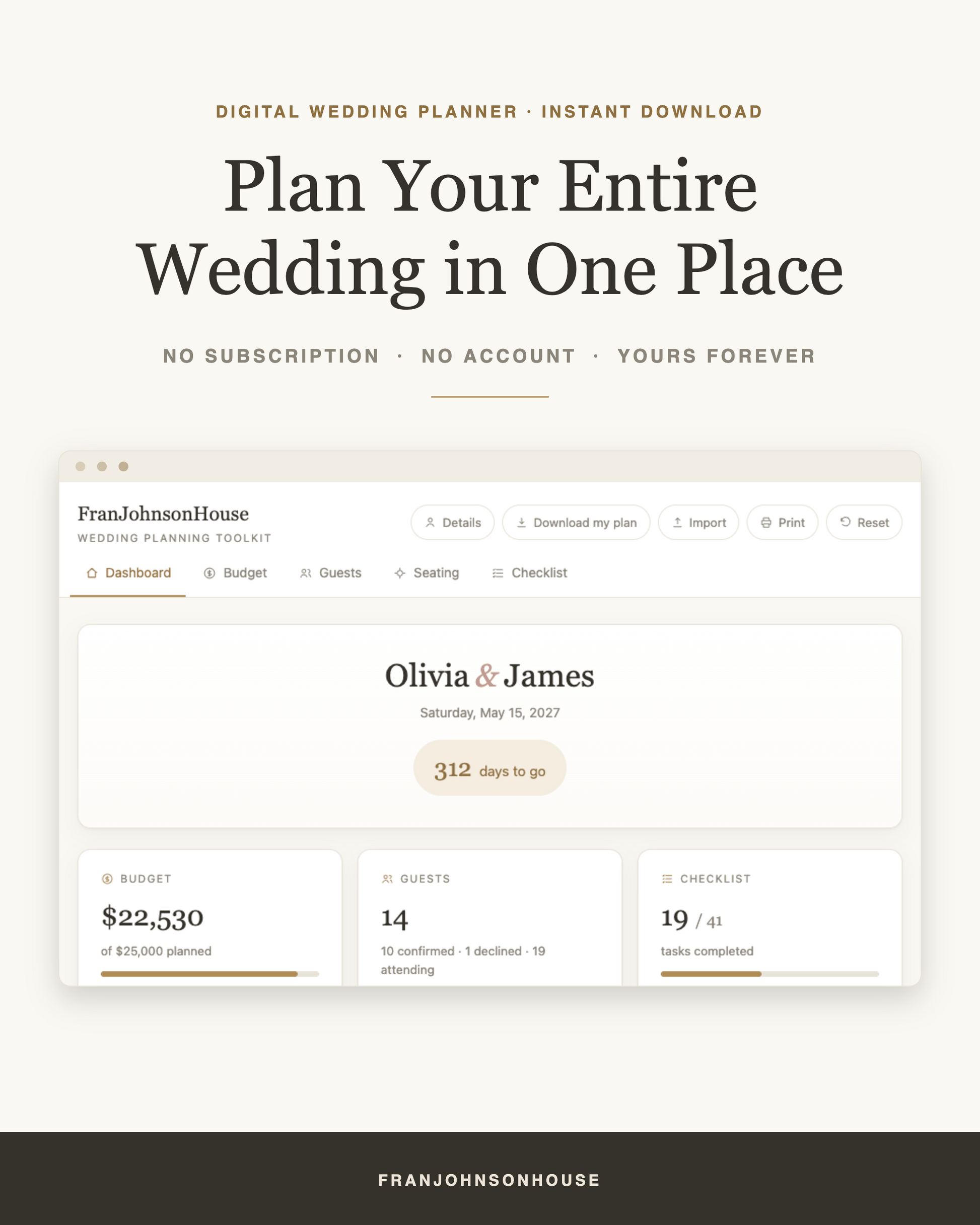 All-in-One Wedding Planning Toolkit — plan your entire wedding in one place, no subscription
