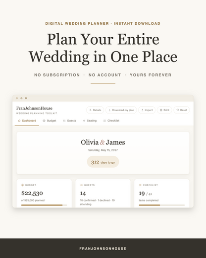 All-in-One Wedding Planning Toolkit — plan your entire wedding in one place, no subscription
