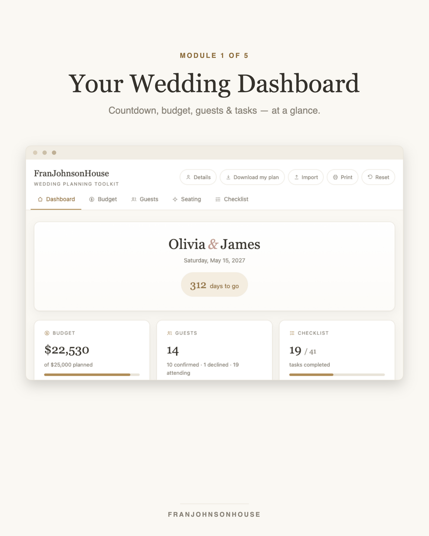 Wedding dashboard with countdown, budget, guest and task overview