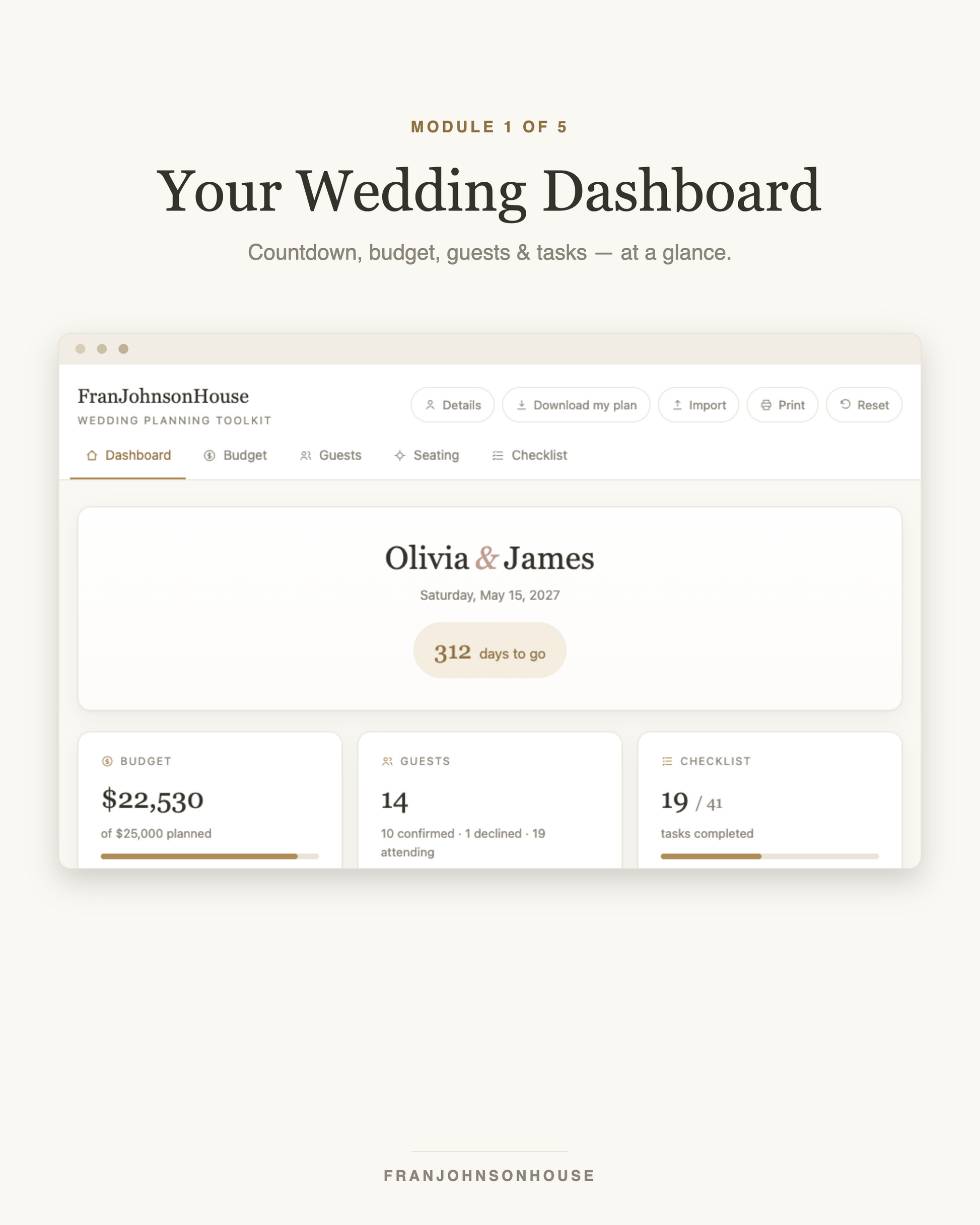 Wedding dashboard with countdown, budget, guest and task overview