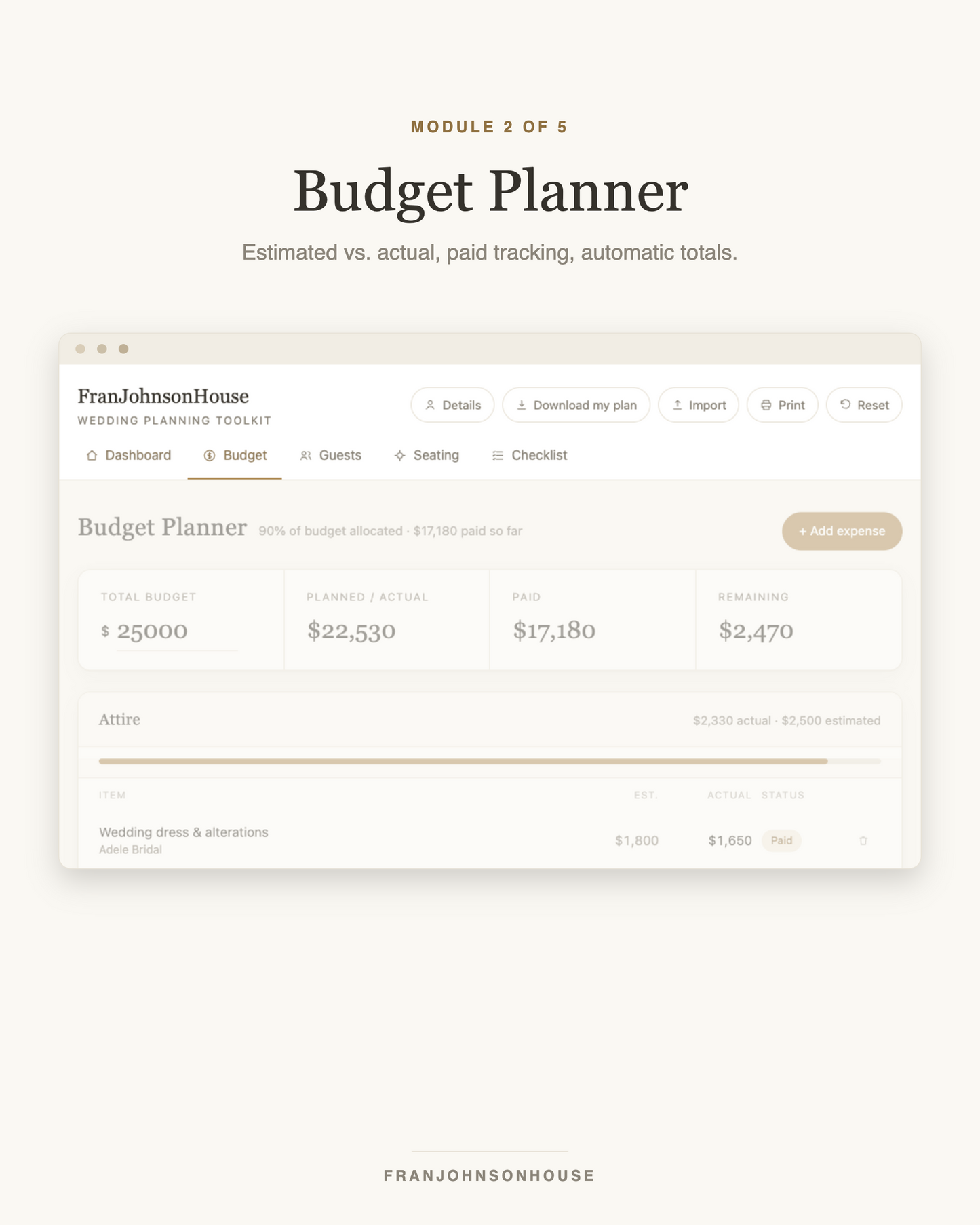 Wedding budget planner with estimated vs actual costs and paid tracking