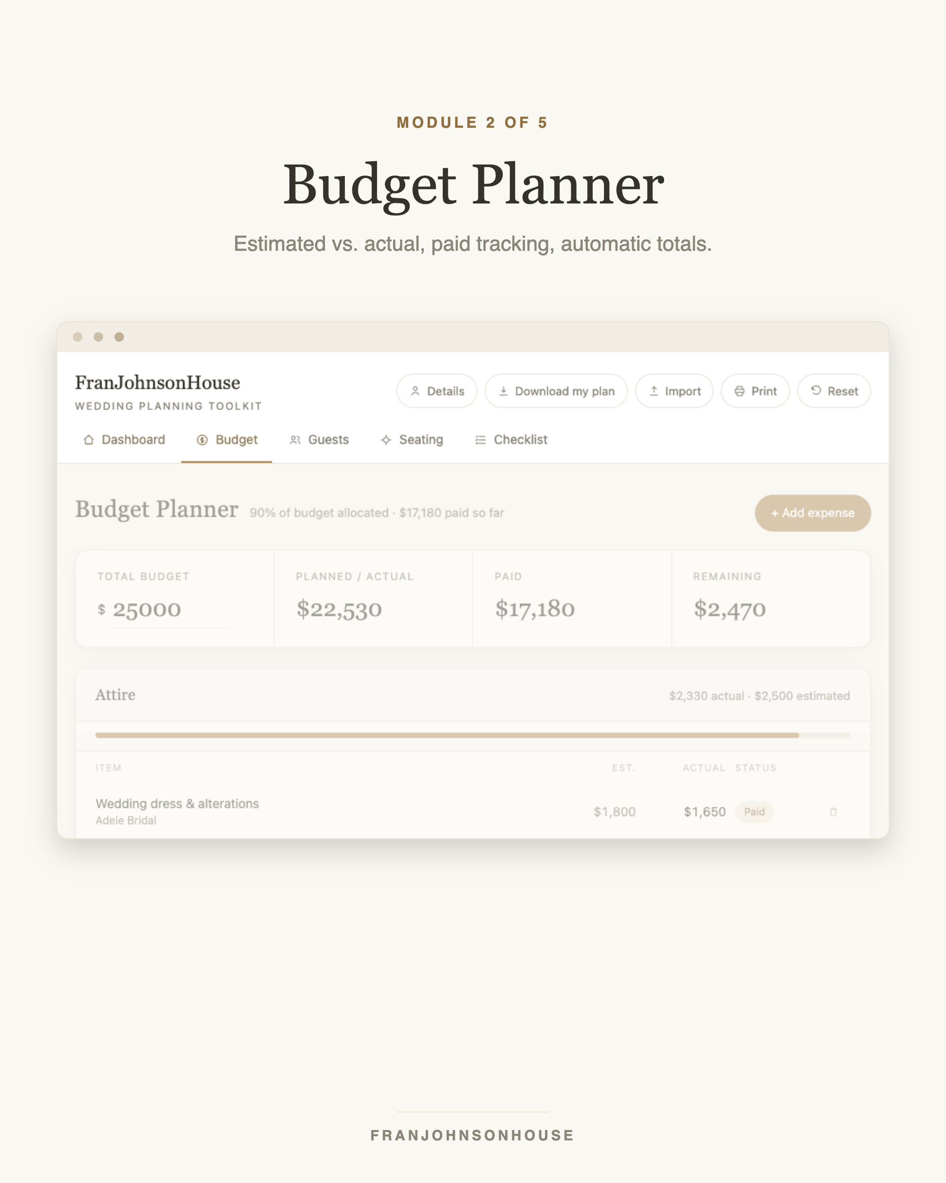 Wedding budget planner with estimated vs actual costs and paid tracking