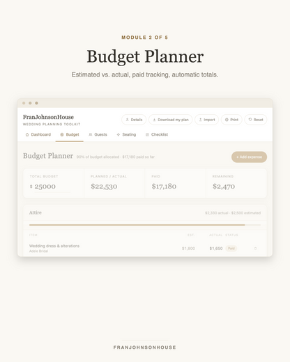 Wedding budget planner with estimated vs actual costs and paid tracking