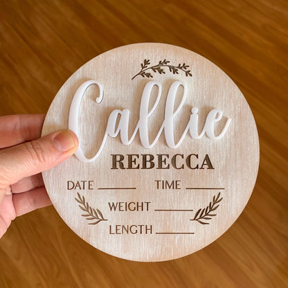 Boho Baby Name & Birth Stats Sign – Custom Whitewashed Wood Announcement