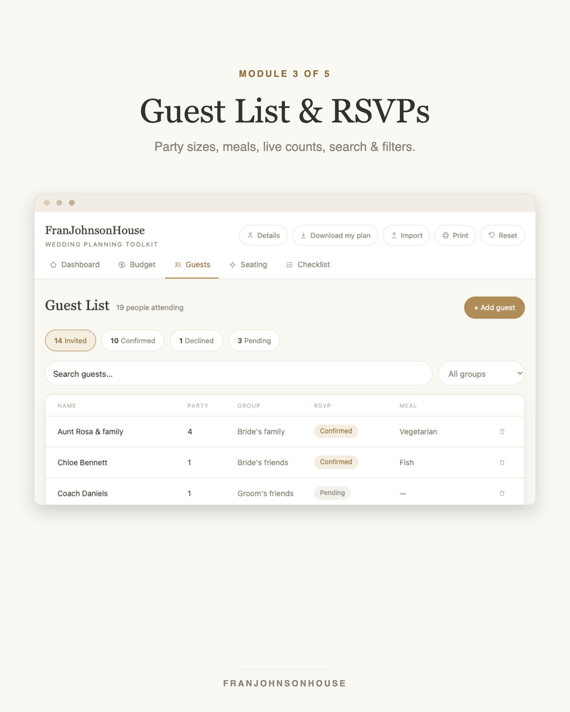 Guest list and RSVP tracker with meals, search and filters