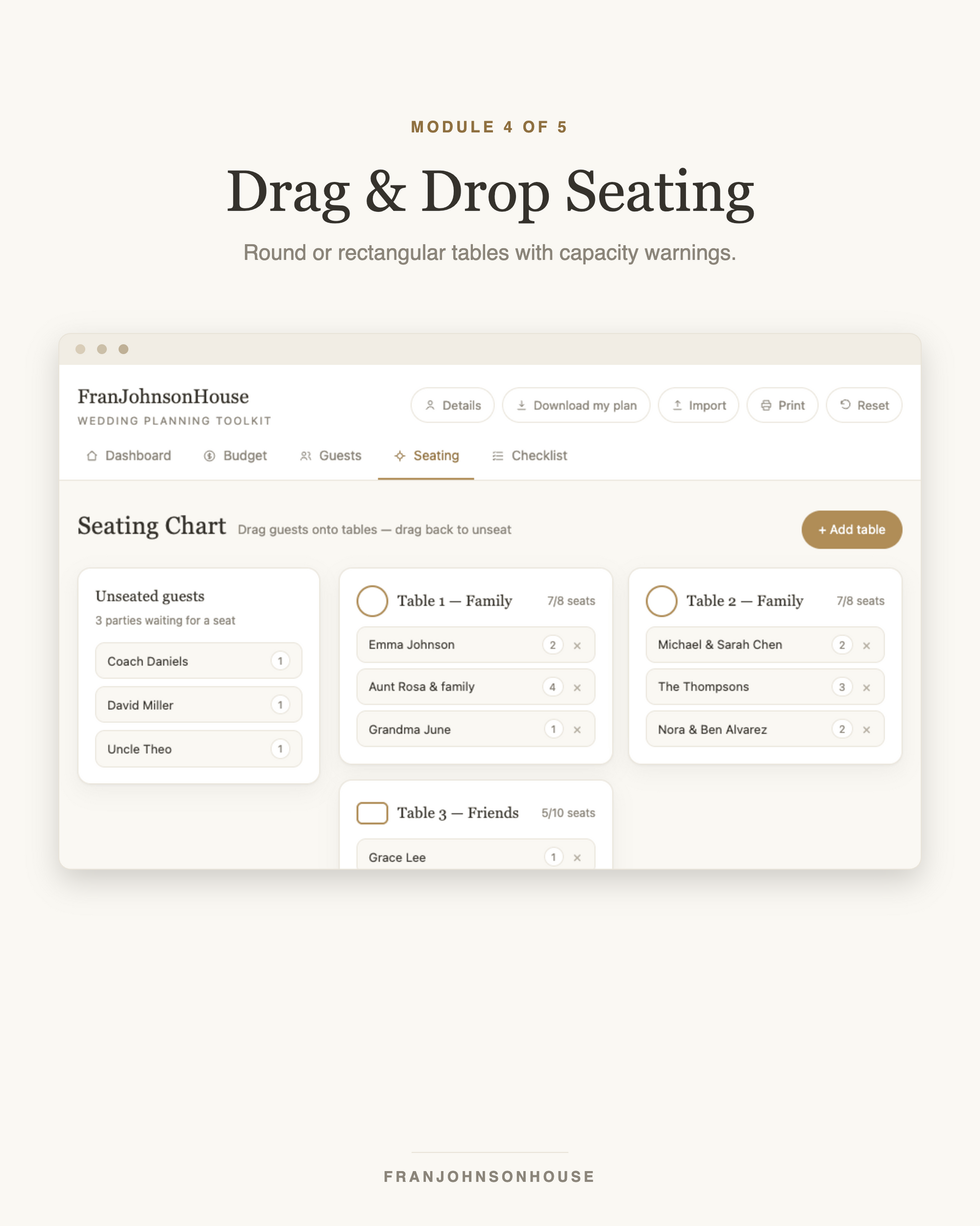 Drag and drop wedding seating chart with capacity warnings