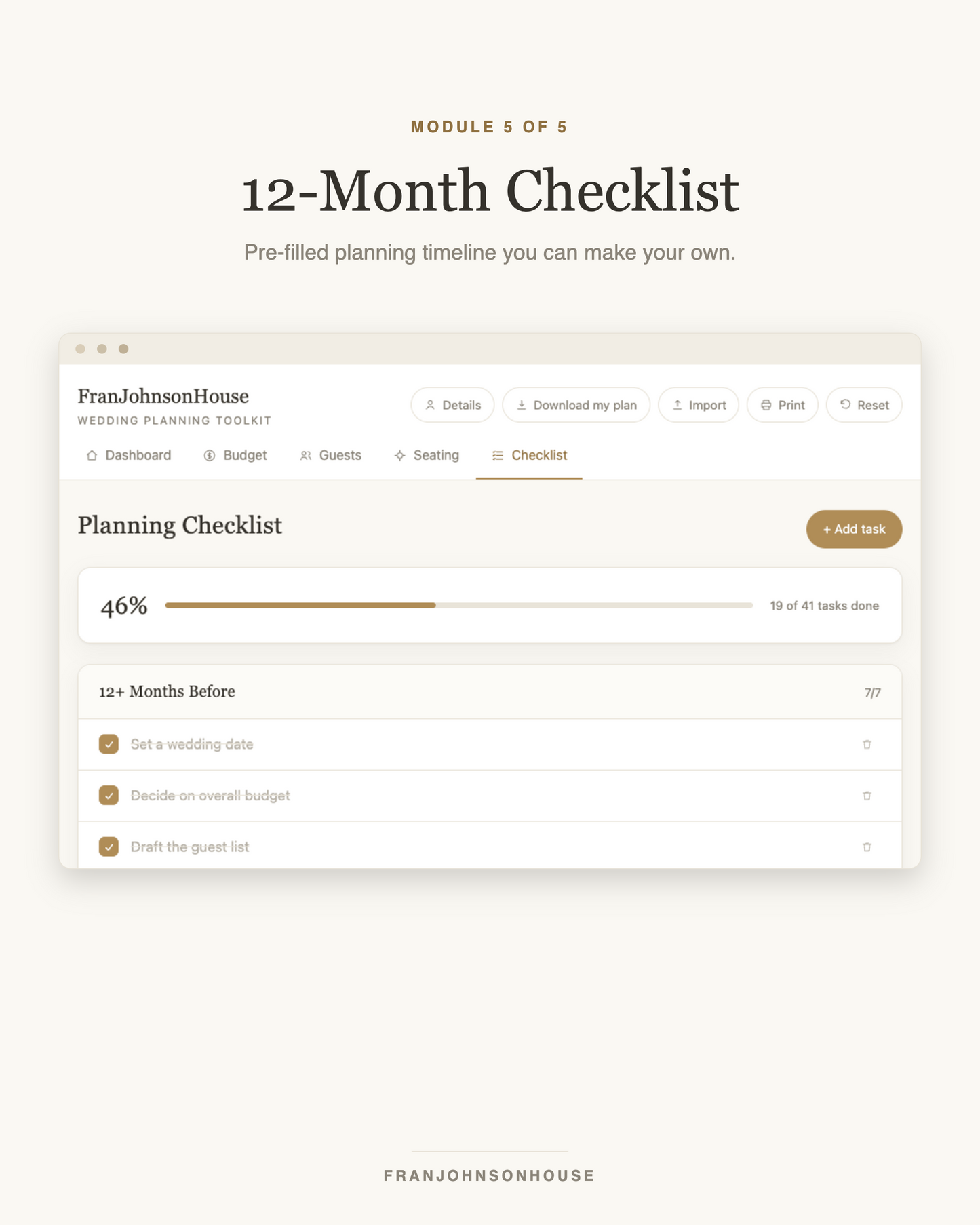 12-month wedding planning checklist, pre-filled and editable