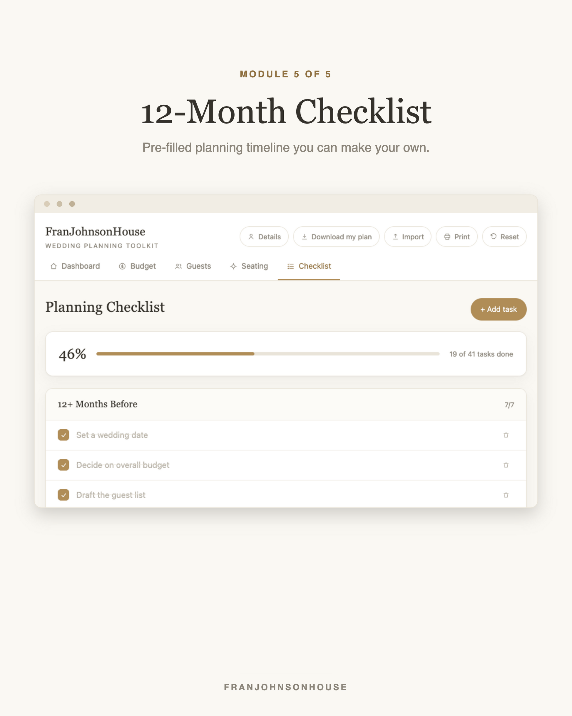 12-month wedding planning checklist, pre-filled and editable