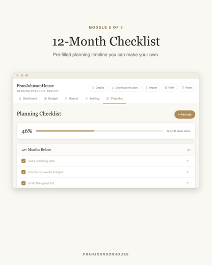 12-month wedding planning checklist, pre-filled and editable