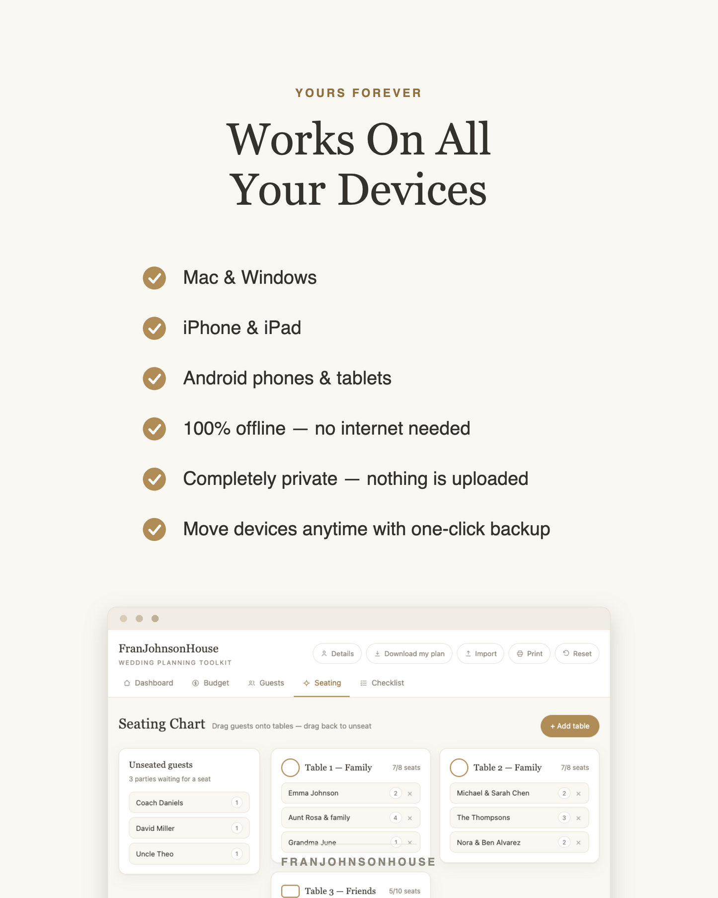 Works on Mac, Windows, iPhone, iPad and Android — fully offline and private