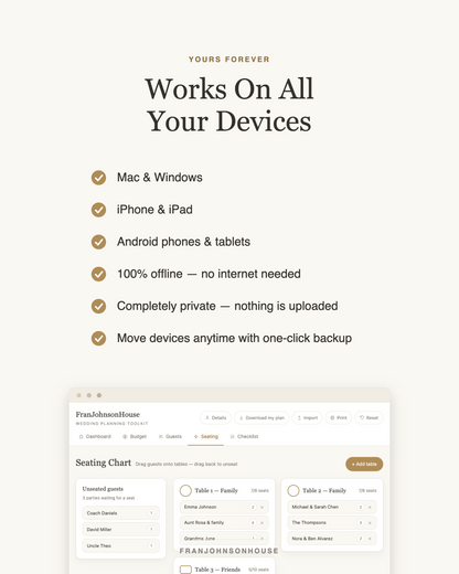 Works on Mac, Windows, iPhone, iPad and Android — fully offline and private
